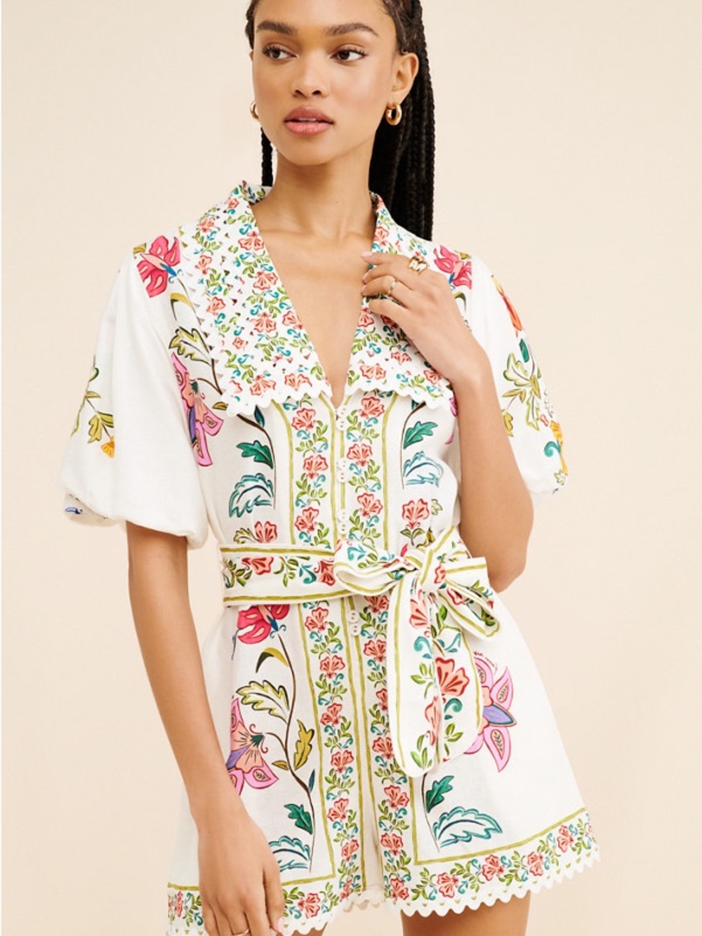 FARM Rio White Floral Embroidered Romper with Pink, Green & Yellow Accents